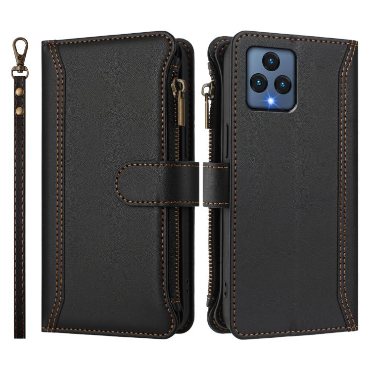 For T-Mobile REVVL 6 / 6x Magnetic Closure 9 Card Slots Zipper Leather Case with Hand Strap