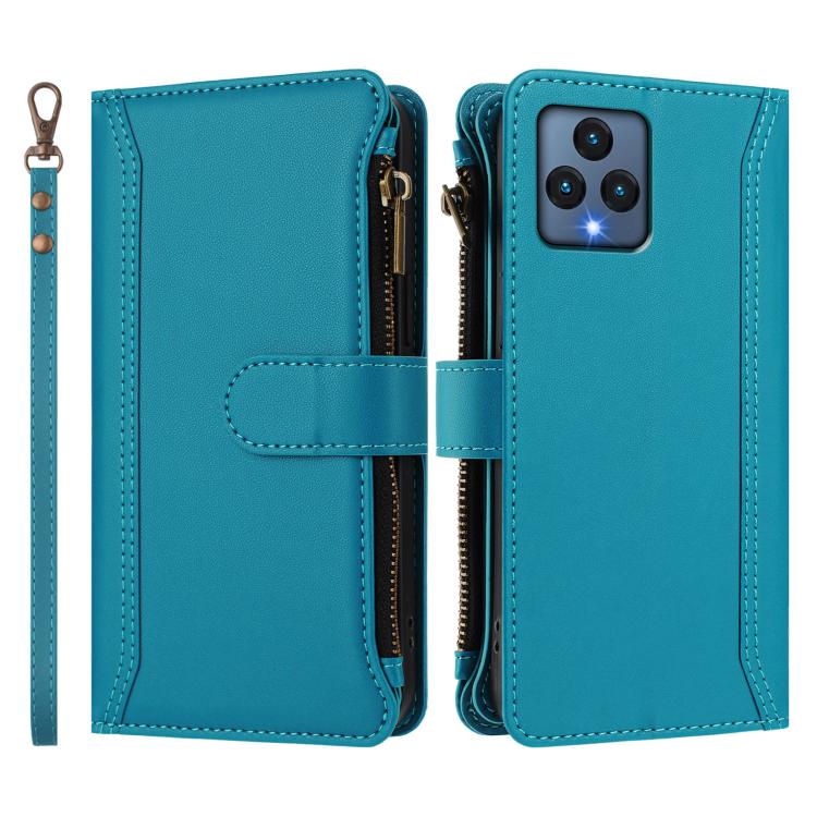 For T-Mobile REVVL 6 / 6x Magnetic Closure 9 Card Slots Zipper Leather Case with Hand Strap