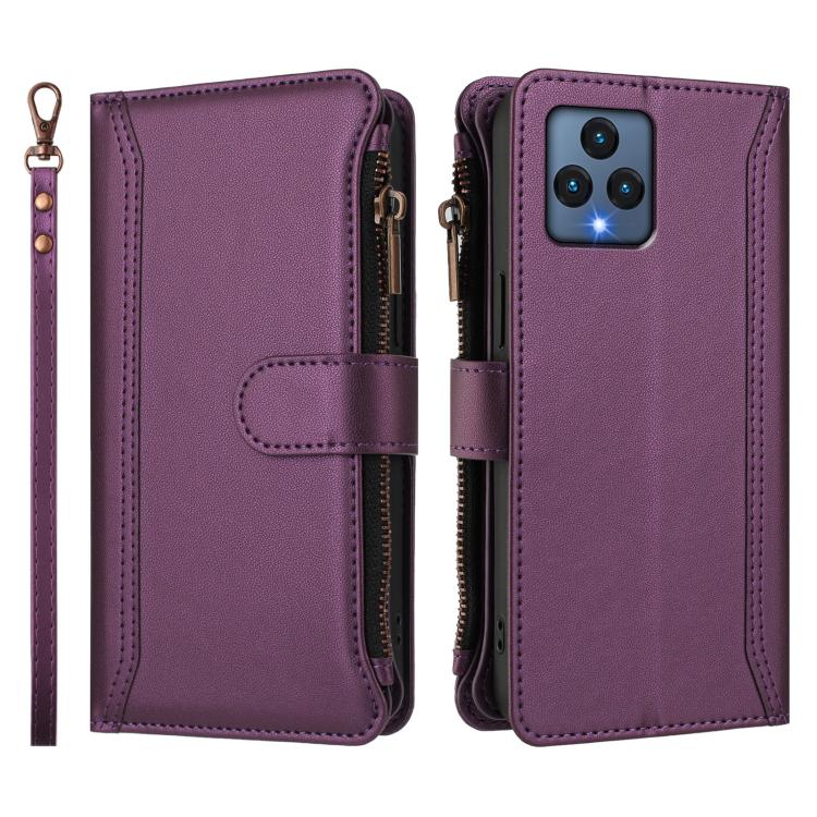 For T-Mobile REVVL 6 / 6x Magnetic Closure 9 Card Slots Zipper Leather Case with Hand Strap