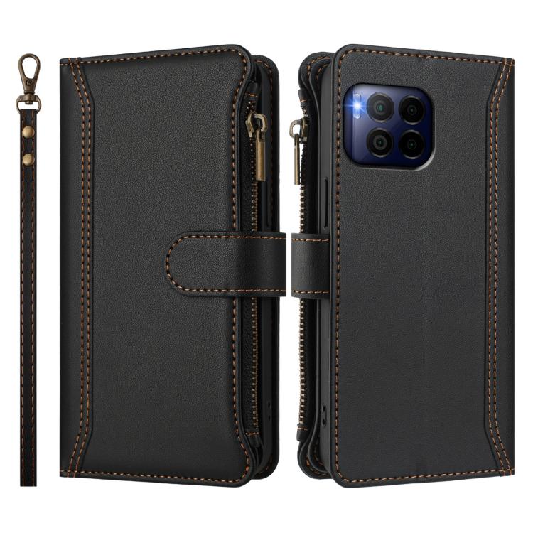 For T-Mobile REVVL 7 Pro 5G Magnetic Closure 9 Card Slots Zipper Leather Case with Hand Strap