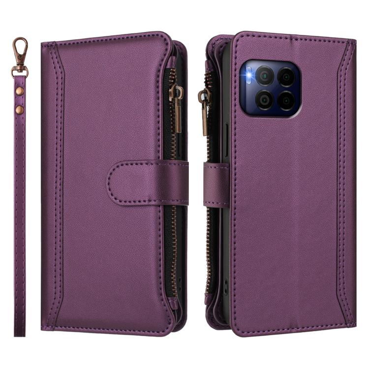 For T-Mobile REVVL 7 Pro 5G Magnetic Closure 9 Card Slots Zipper Leather Case with Hand Strap
