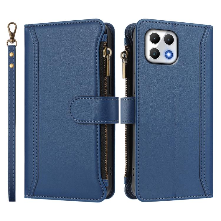 For T-Mobile REVVL 7 5G Magnetic Closure 9 Card Slots Zipper Leather Case with Hand Strap
