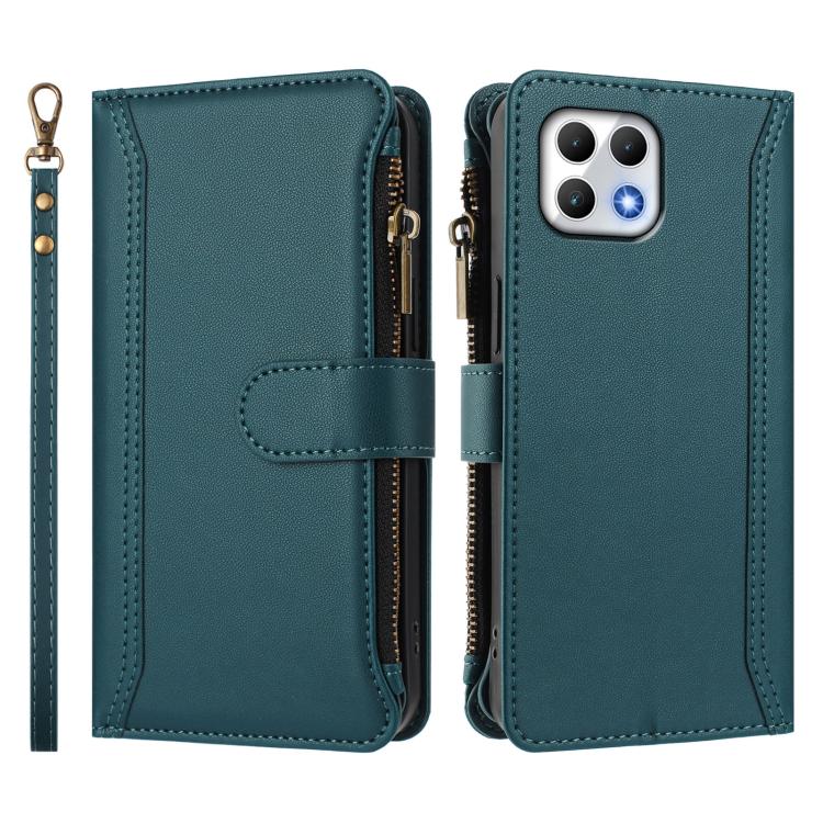 For T-Mobile REVVL 7 5G Magnetic Closure 9 Card Slots Zipper Leather Case with Hand Strap