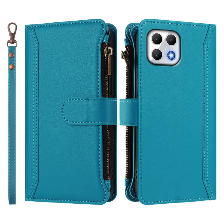 For T-Mobile REVVL 7 5G Magnetic Closure 9 Card Slots Zipper Leather Case with Hand Strap