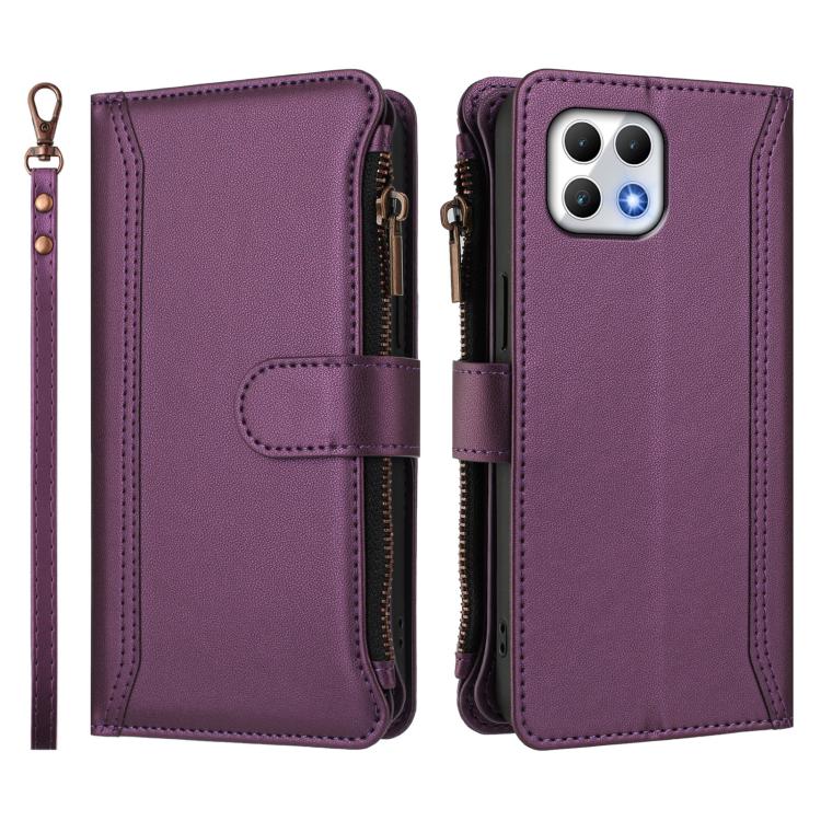 For T-Mobile REVVL 7 5G Magnetic Closure 9 Card Slots Zipper Leather Case with Hand Strap