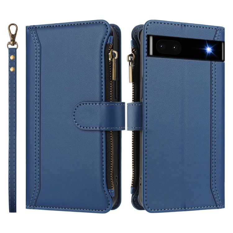 For Google Pixel 6a Magnetic Closure 9 Card Slots Zipper Leather Case with Hand Strap