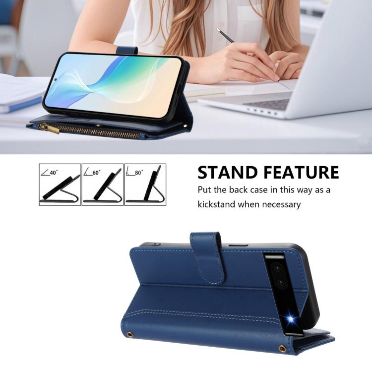 For Google Pixel 6a Magnetic Closure 9 Card Slots Zipper Leather Case with Hand Strap