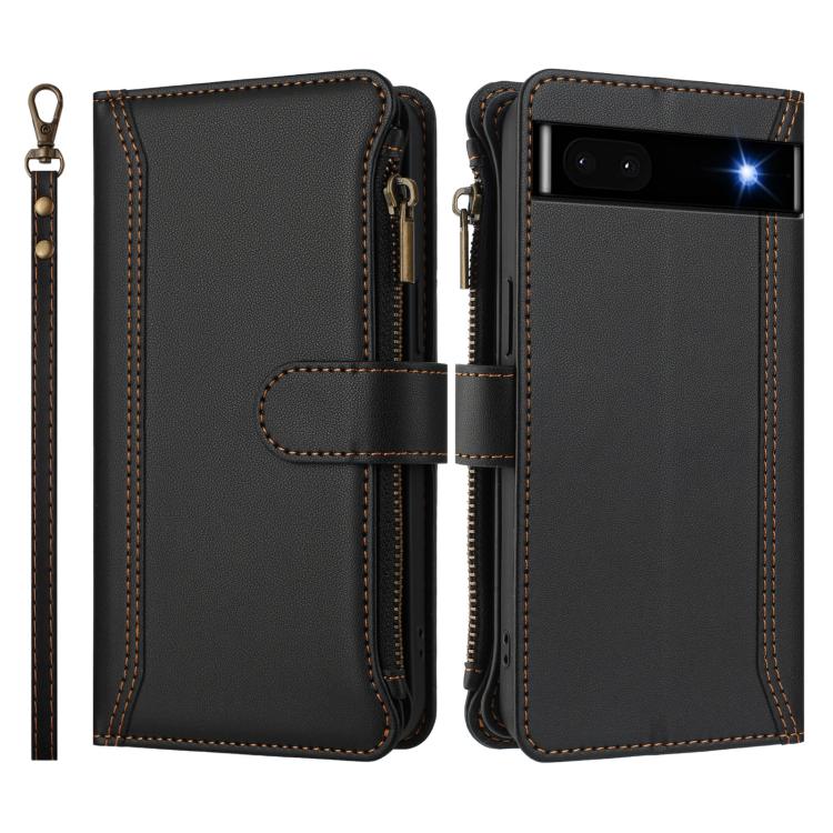 For Google Pixel 6a Magnetic Closure 9 Card Slots Zipper Leather Case with Hand Strap