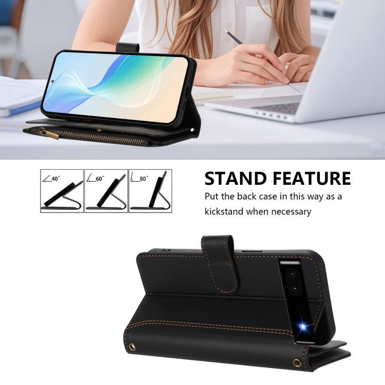 For Google Pixel 6a Magnetic Closure 9 Card Slots Zipper Leather Case with Hand Strap