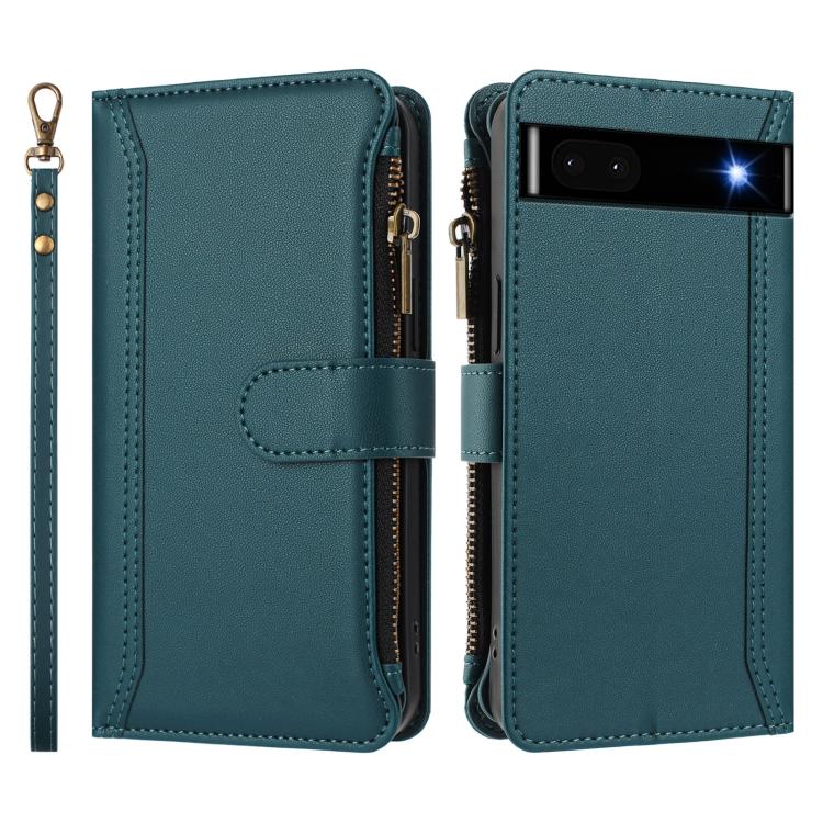 For Google Pixel 6a Magnetic Closure 9 Card Slots Zipper Leather Case with Hand Strap