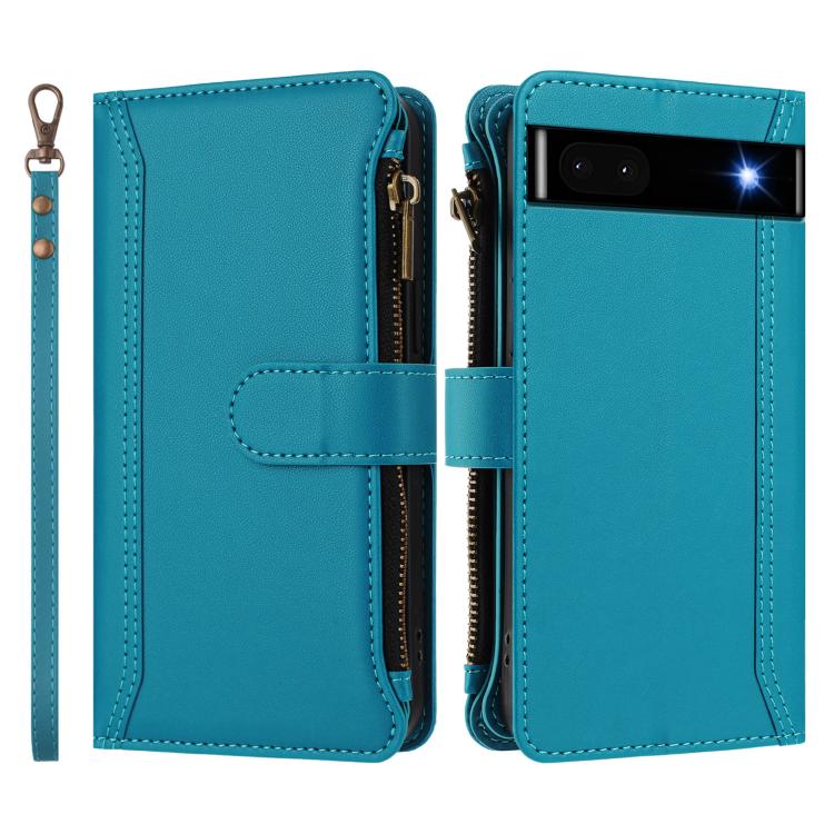 For Google Pixel 6a Magnetic Closure 9 Card Slots Zipper Leather Case with Hand Strap