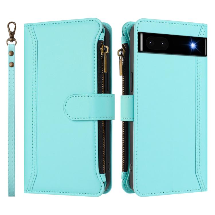 For Google Pixel 6a Magnetic Closure 9 Card Slots Zipper Leather Case with Hand Strap
