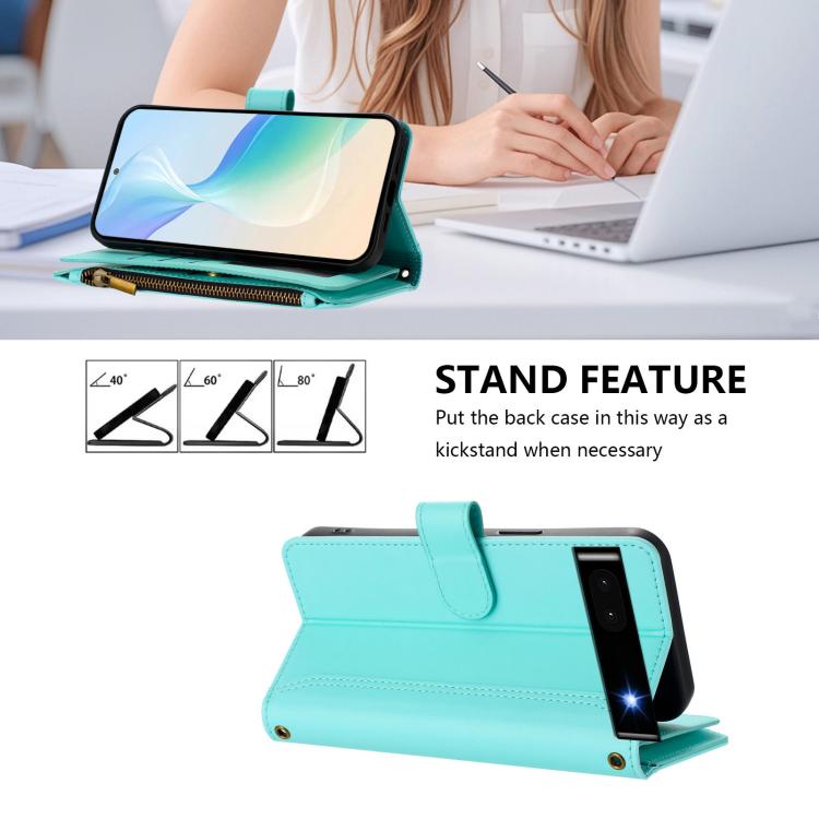 For Google Pixel 6a Magnetic Closure 9 Card Slots Zipper Leather Case with Hand Strap
