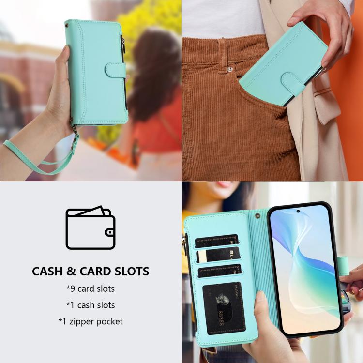 For Google Pixel 6a Magnetic Closure 9 Card Slots Zipper Leather Case with Hand Strap