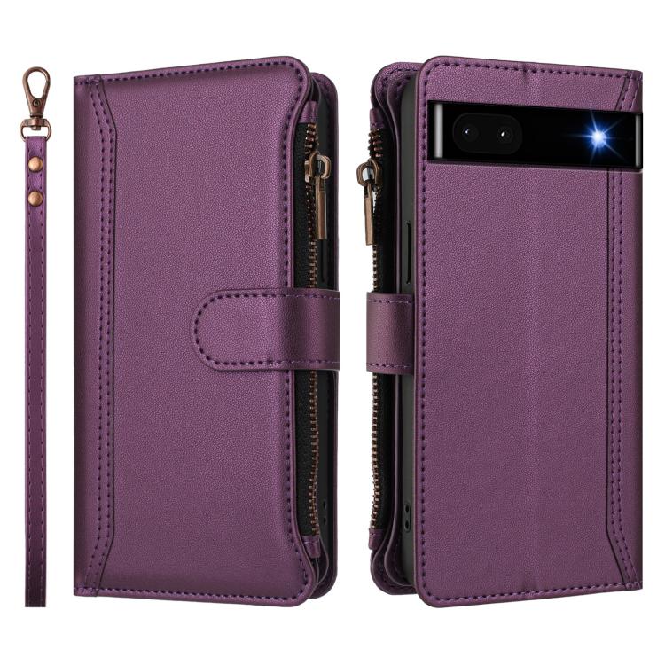 For Google Pixel 6a Magnetic Closure 9 Card Slots Zipper Leather Case with Hand Strap