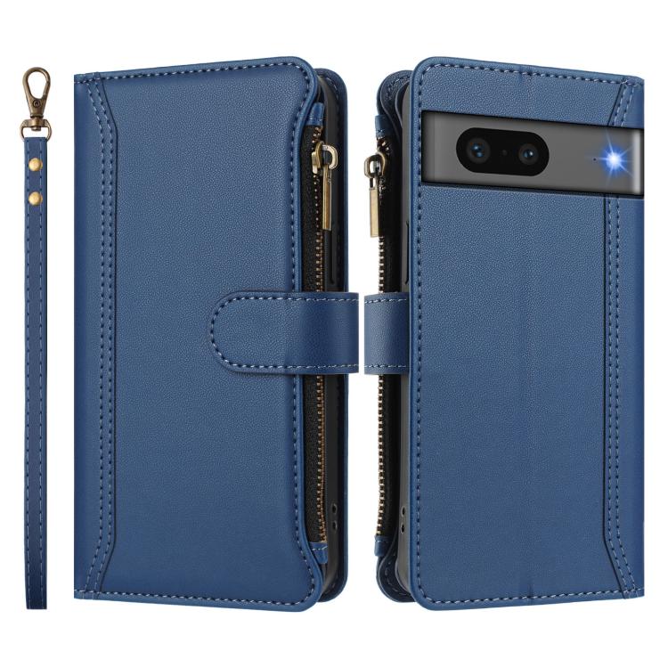 For Google Pixel 7 5G Magnetic Closure 9 Card Slots Zipper Leather Case with Hand Strap