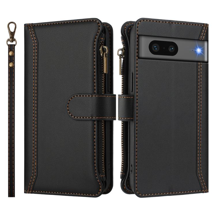 For Google Pixel 7 5G Magnetic Closure 9 Card Slots Zipper Leather Case with Hand Strap