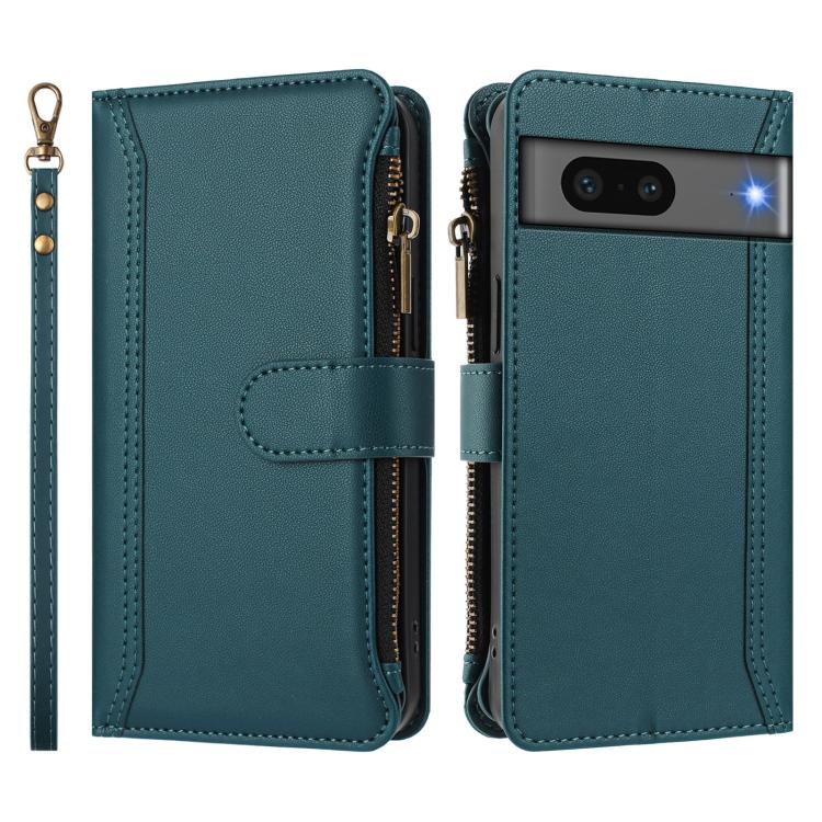 For Google Pixel 7 5G Magnetic Closure 9 Card Slots Zipper Leather Case with Hand Strap