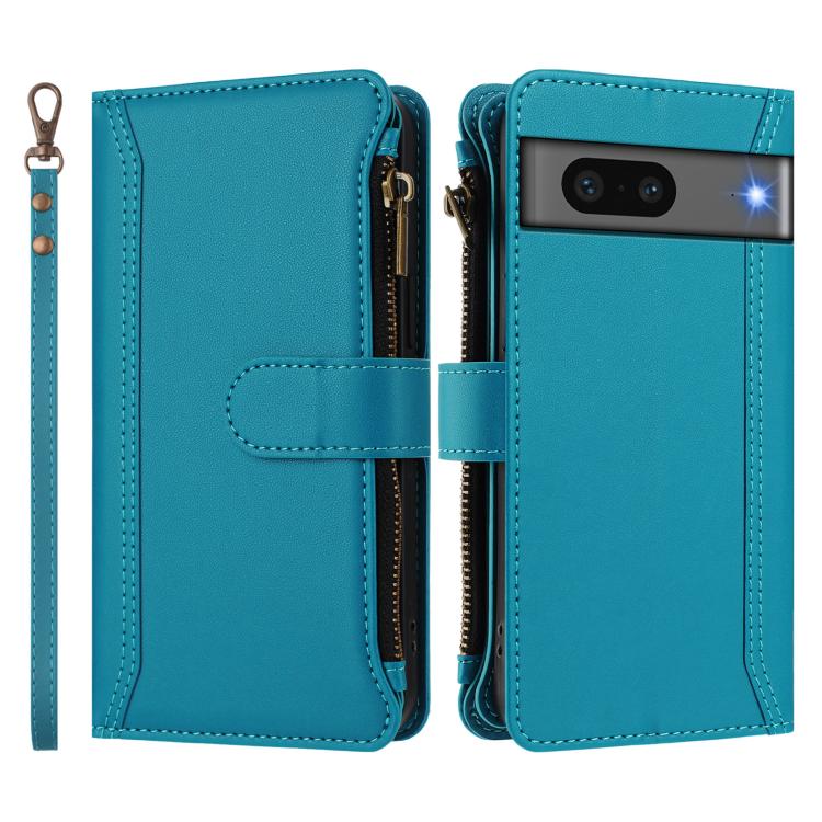 For Google Pixel 7 5G Magnetic Closure 9 Card Slots Zipper Leather Case with Hand Strap