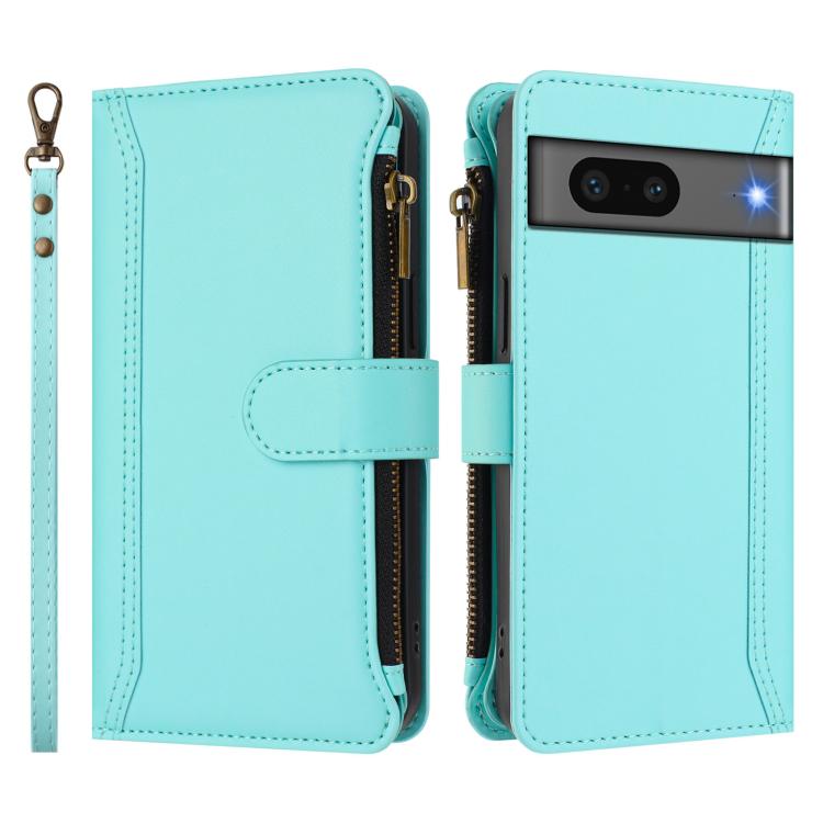 For Google Pixel 7 5G Magnetic Closure 9 Card Slots Zipper Leather Case with Hand Strap
