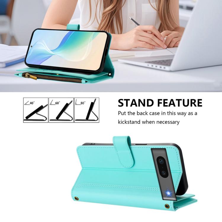 For Google Pixel 7 5G Magnetic Closure 9 Card Slots Zipper Leather Case with Hand Strap