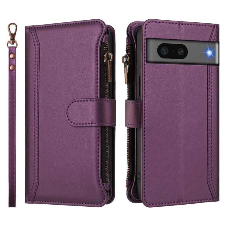 For Google Pixel 7 5G Magnetic Closure 9 Card Slots Zipper Leather Case with Hand Strap
