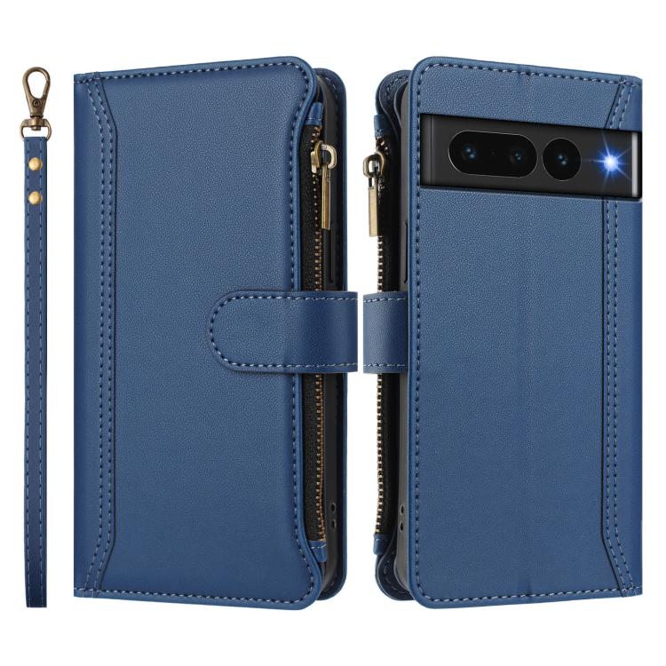 For Google Pixel 7 Pro 5G Magnetic Closure 9 Card Slots Zipper Leather Case with Hand Strap