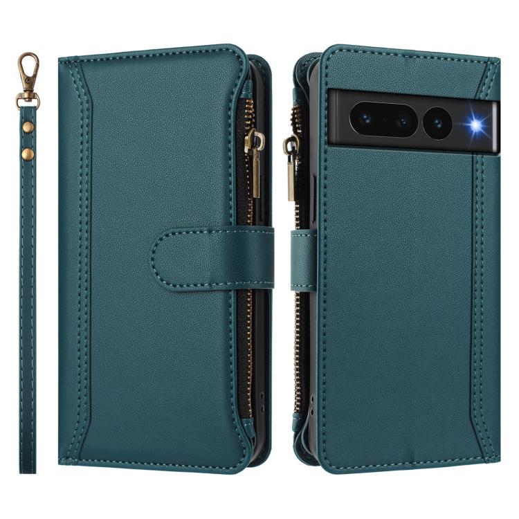 For Google Pixel 7 Pro 5G Magnetic Closure 9 Card Slots Zipper Leather Case with Hand Strap
