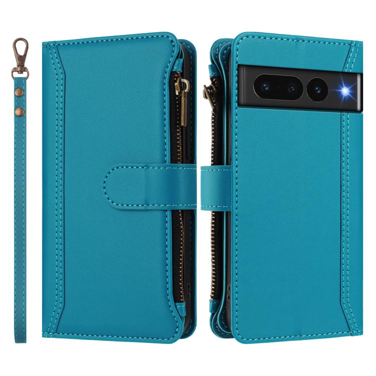 For Google Pixel 7 Pro 5G Magnetic Closure 9 Card Slots Zipper Leather Case with Hand Strap