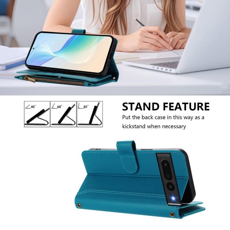 For Google Pixel 7 Pro 5G Magnetic Closure 9 Card Slots Zipper Leather Case with Hand Strap