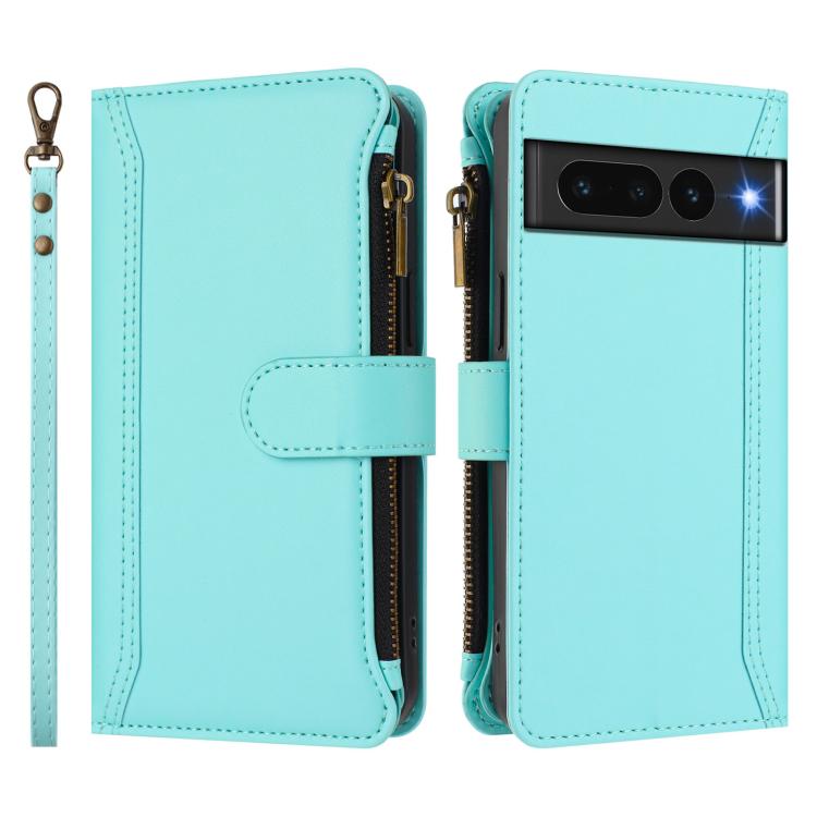 For Google Pixel 7 Pro 5G Magnetic Closure 9 Card Slots Zipper Leather Case with Hand Strap