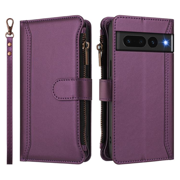 For Google Pixel 7 Pro 5G Magnetic Closure 9 Card Slots Zipper Leather Case with Hand Strap