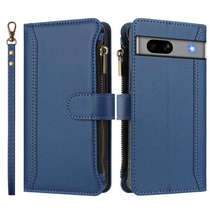 For Google Pixel 7a Magnetic Closure 9 Card Slots Zipper Leather Case with Hand Strap