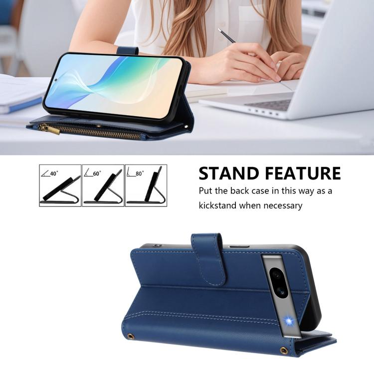 For Google Pixel 7a Magnetic Closure 9 Card Slots Zipper Leather Case with Hand Strap