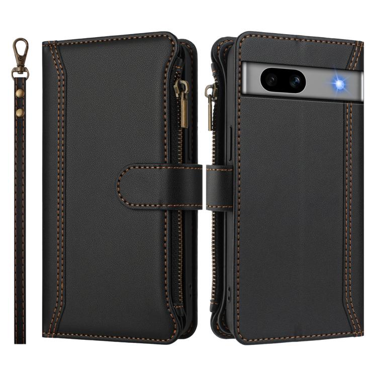 For Google Pixel 7a Magnetic Closure 9 Card Slots Zipper Leather Case with Hand Strap