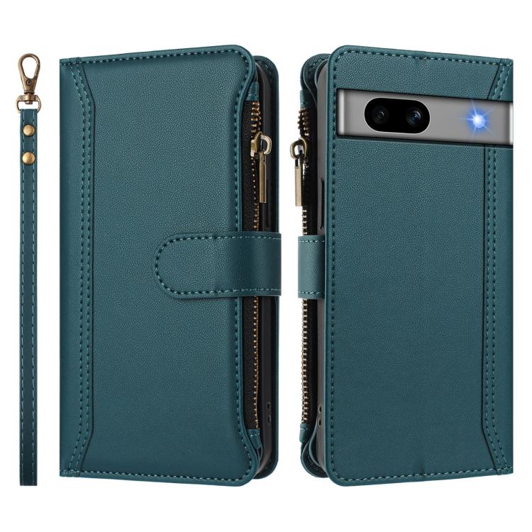 For Google Pixel 7a Magnetic Closure 9 Card Slots Zipper Leather Case with Hand Strap