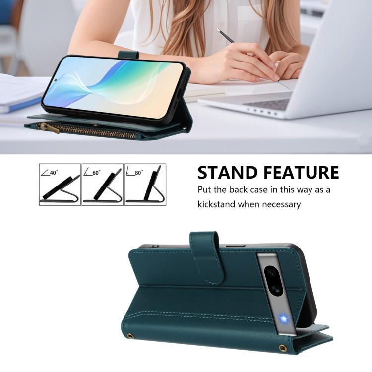 For Google Pixel 7a Magnetic Closure 9 Card Slots Zipper Leather Case with Hand Strap