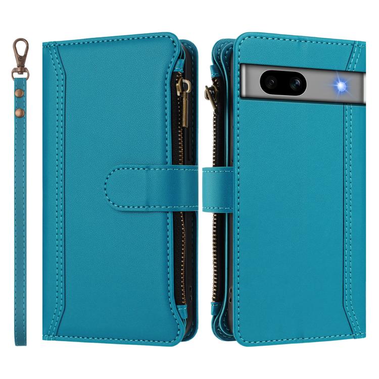 For Google Pixel 7a Magnetic Closure 9 Card Slots Zipper Leather Case with Hand Strap