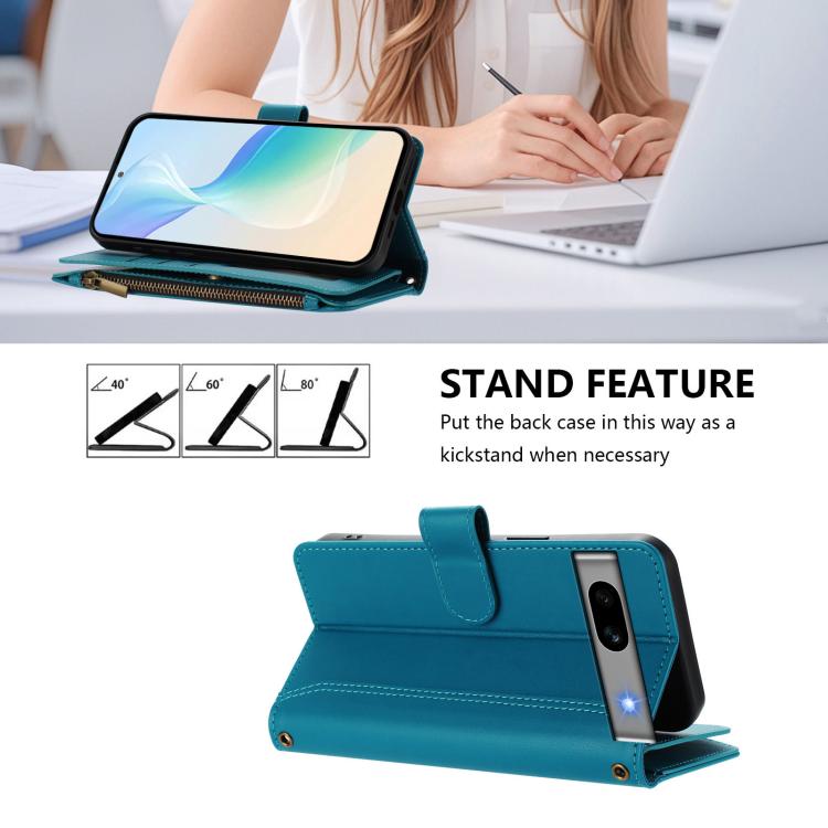 For Google Pixel 7a Magnetic Closure 9 Card Slots Zipper Leather Case with Hand Strap