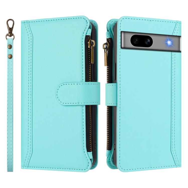 For Google Pixel 7a Magnetic Closure 9 Card Slots Zipper Leather Case with Hand Strap