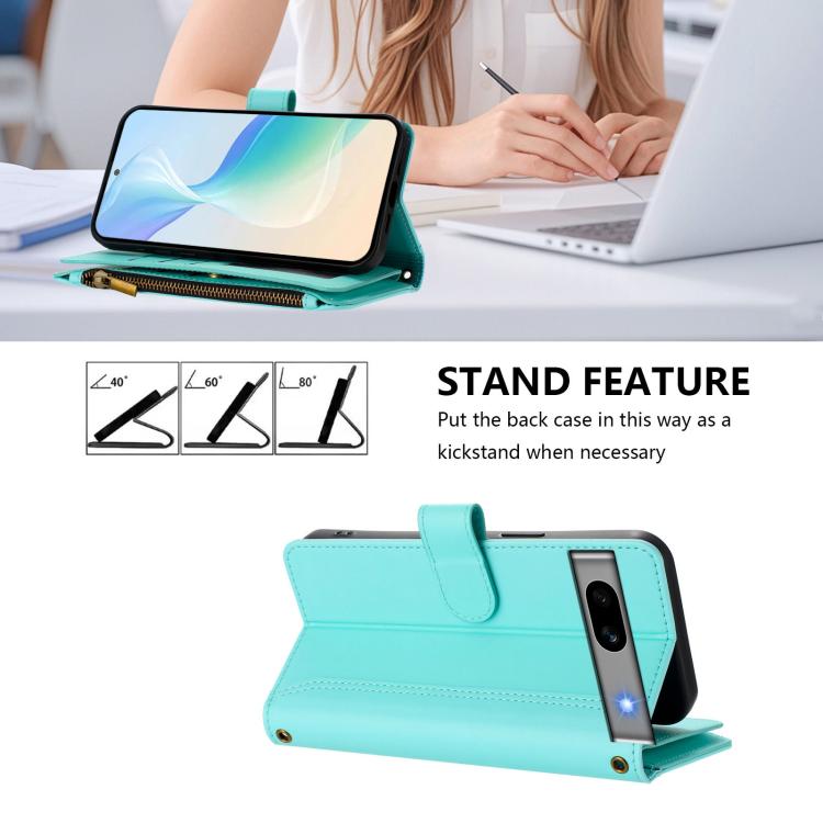 For Google Pixel 7a Magnetic Closure 9 Card Slots Zipper Leather Case with Hand Strap