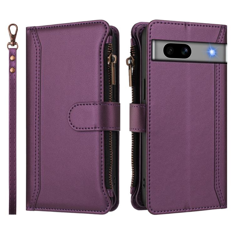 For Google Pixel 7a Magnetic Closure 9 Card Slots Zipper Leather Case with Hand Strap