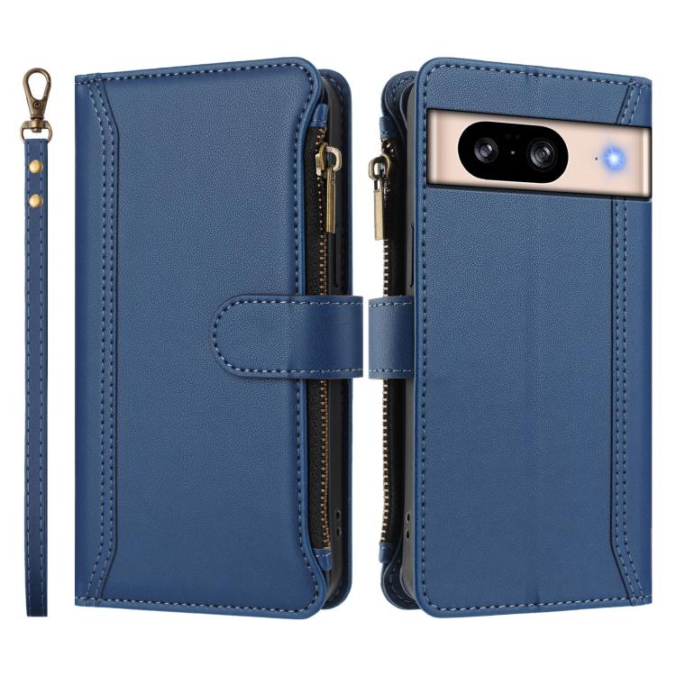 For Google Pixel 8 Magnetic Closure 9 Card Slots Zipper Leather Case with Hand Strap