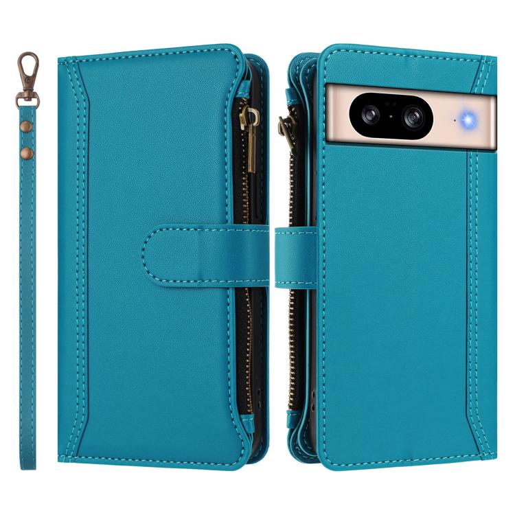 For Google Pixel 8 Magnetic Closure 9 Card Slots Zipper Leather Case with Hand Strap