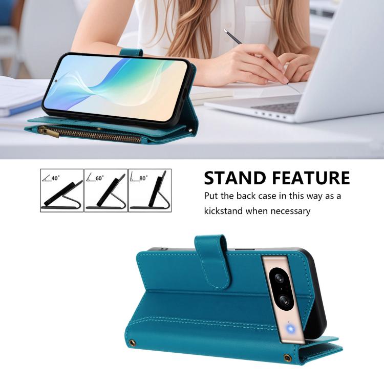 For Google Pixel 8 Magnetic Closure 9 Card Slots Zipper Leather Case with Hand Strap