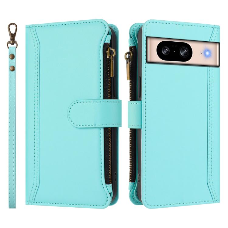 For Google Pixel 8 Magnetic Closure 9 Card Slots Zipper Leather Case with Hand Strap