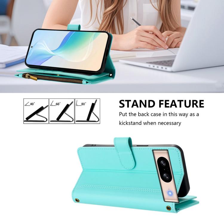 For Google Pixel 8 Magnetic Closure 9 Card Slots Zipper Leather Case with Hand Strap