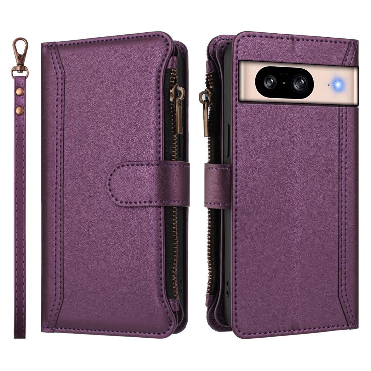 For Google Pixel 8 Magnetic Closure 9 Card Slots Zipper Leather Case with Hand Strap