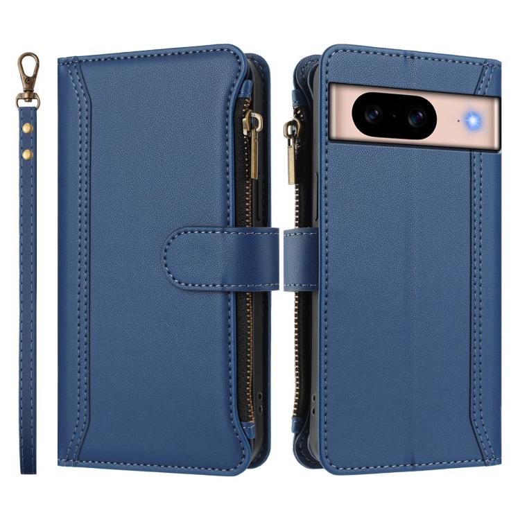 For Google Pixel 8a Magnetic Closure 9 Card Slots Zipper Leather Case with Hand Strap