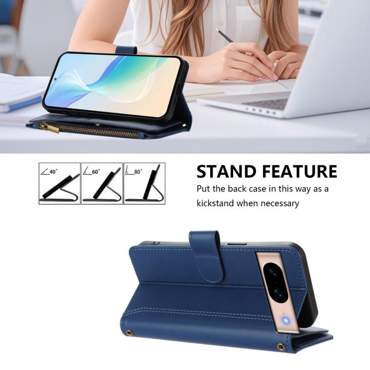 For Google Pixel 8a Magnetic Closure 9 Card Slots Zipper Leather Case with Hand Strap